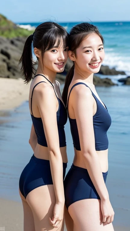 Two girls standing on a beautiful beach,((Round ass)),Shiny navy blue school swimsuit with white trim,16 years old,bangs,Smile a little,Thighs,knees,share,Erect nipples,Wet short-cut hair,Low Ponytail,From below
