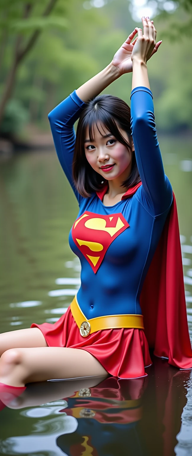 Woman body set big breasts、supergirl costume、ple short hair、Jungle、lowangle、barefeet