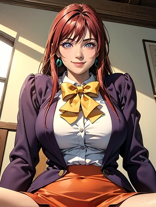 JS_news,News Studio, Masterpiece、8k、High resolution、(Natsuha Arisugawa、Orange Hair、Long Hair)、announcer、Formal suit、Cleavage、Sit opposite the counter、Cleavage
