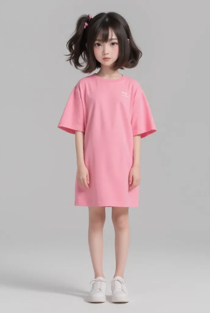 One kids model、female、 No sleeve、Half model、Bun Hair、 Ultra-realistic skin texture、Showing the whole body、Photo quality、Age: Around 8 years old、 Standing facing the camera、 Slightly curly hair、Innocent atmosphere、Big smile