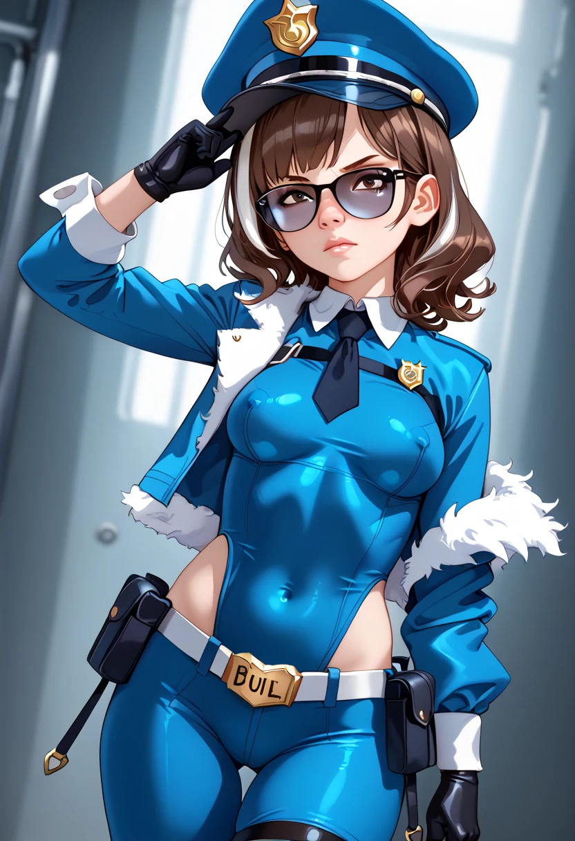 tmasterpiece, hyper qualit, ultra detali, Perfect drawing, solo, Full body like, crisp breasts, Fluffy breasts, H cup bust, bust up, bulging bust top, Blush, Sweat, Moist eyes, Detailed drawing, precise drawing, police officers, Bikini set, uniform, special, Glasses, brown tanned skin, slit eyes, Long eyelashes, Cheeky smile