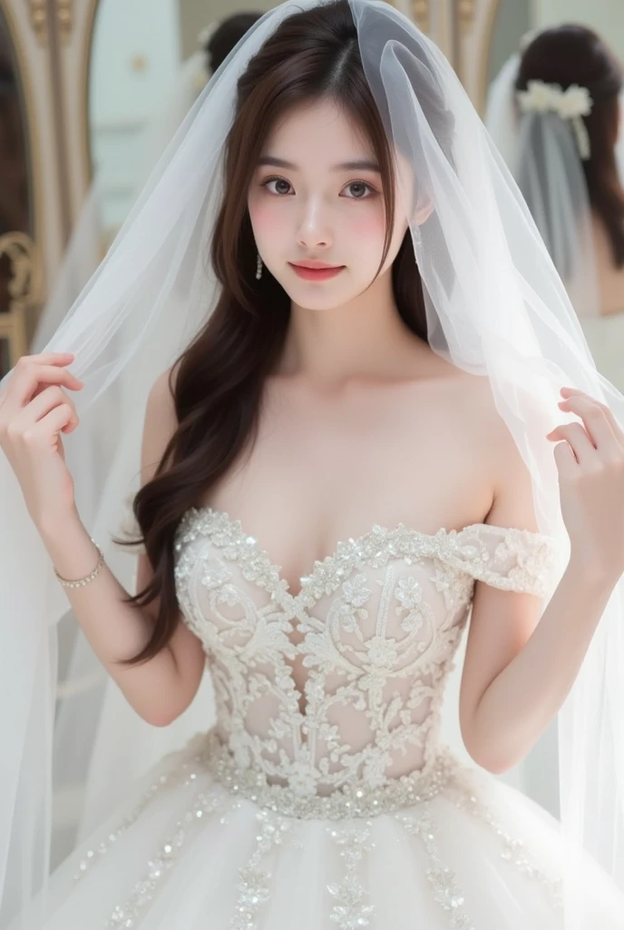 Wearing the cutest wedding dress in the world,Z Cup Big,Sculpture model attracts, (1girl in:1.3)、photos realistic、Photorealsitic:1.4 Official art、ultra-detailliert、Beautiful and aesthetic、Beautiful fece、masterpiece、top-quality、sitted、Spread your legs、Colossal tits、(barechested)、the cutest wedding dress in the world、Beautiful skin、The cutest earrings in the world、Cute smile、The cutest wedding venue in the world、The cutest gravure idol pose in the world、The most glamorous body in the world