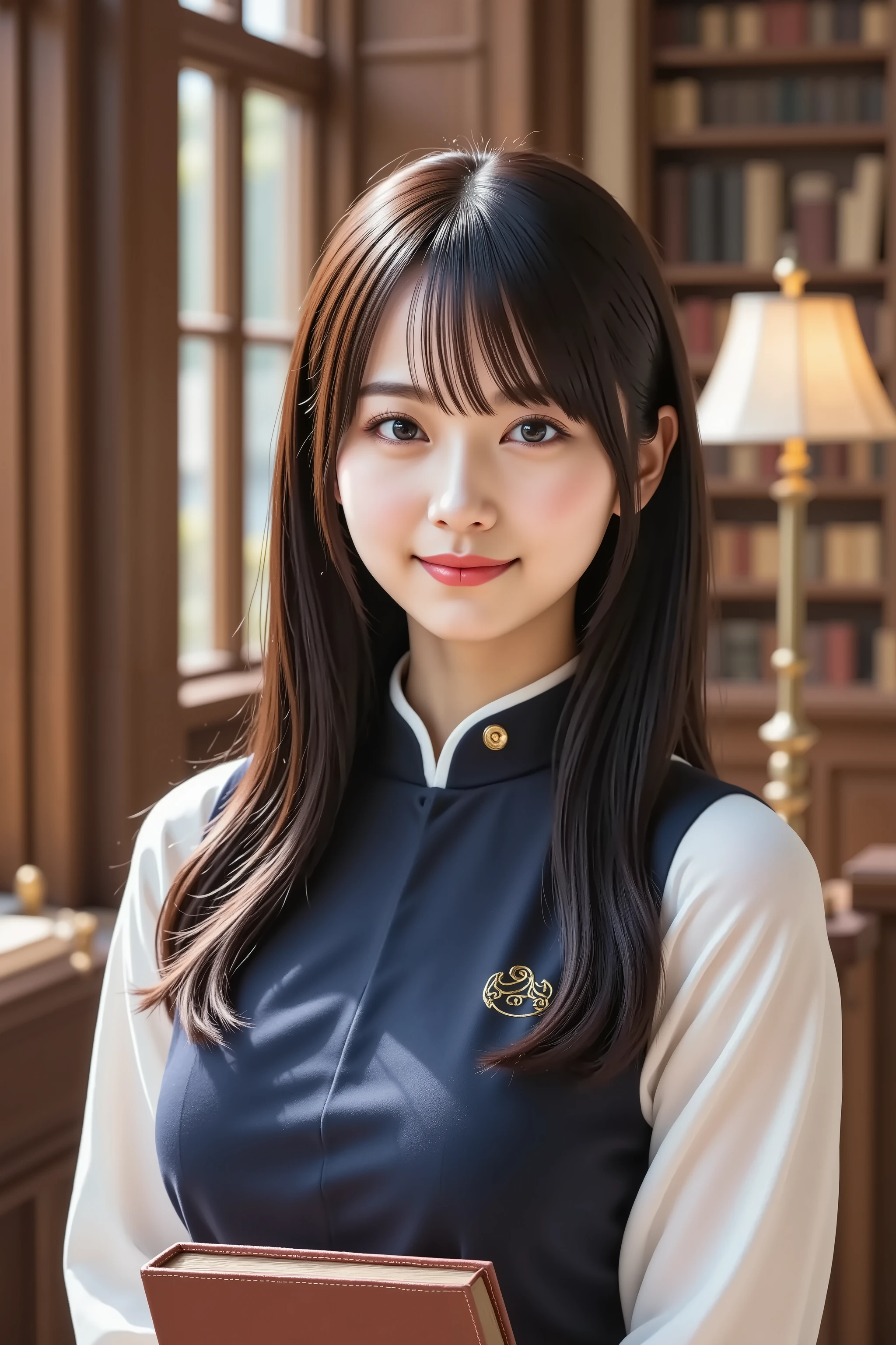 A medium close-up shot, ultra-realistic digital illustration of a beautiful young Asian woman in a grand library. She has long, straight, silky black hair with soft bangs framing her delicate face. Her radiant skin has a natural blush, complementing her warm smile. Her large, expressive dark brown eyes are framed by long lashes, conveying intelligence and kindness. Her well-groomed eyebrows have a gentle arch, and her full lips, naturally pink, are slightly parted in a welcoming smile.
She is dressed in a classic librarian outfit: a crisp white blouse with a high-collared neckline and a fitted navy-blue vest with subtle embroidery. A small golden name tag is pinned to her vest, and delicate reading. In her hands, she holds a large, leather-bound book, as if about to return it to a shelf or assist a visitor.
The background showcases a grand, warmly lit library, featuring towering wooden bookshelves filled with countless books. Soft natural light streams through large arched windows, illuminating the elegant atmosphere. Antique brass reading lamps cast a golden glow onto the polished wooden surfaces, enhancing the refined setting.
The composition is balanced, with the subject centrally framed, ensuring a clear view of her upper body and attire while allowing the library's ambiance to be visible. The image is rendered in stunning 8K resolution, capturing every intricate detail with lifelike clarity.