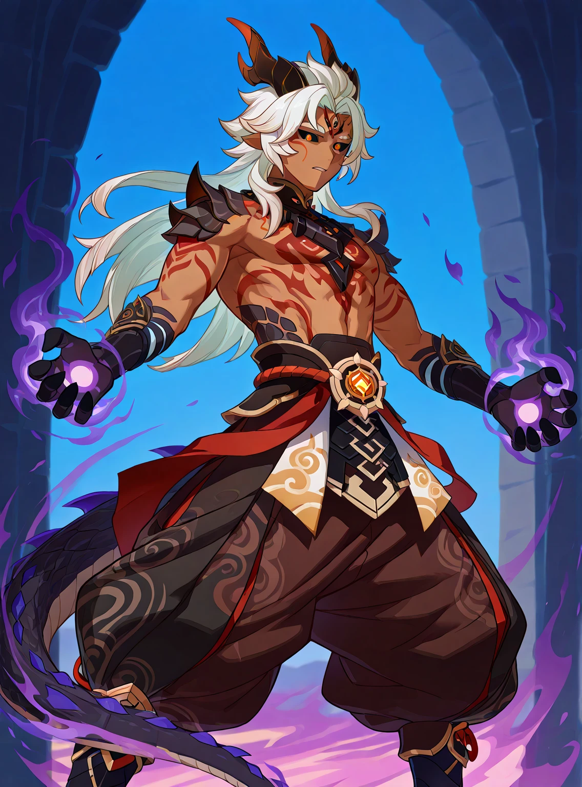 1 male demon with blue skin with very thin horns on his forehead, (perfect human eyes) hair like lightning, work of art, best qualityer, (costume covering the entire body, oriental rpg world style), (clothing covering the entire body) pants. (full viwer)