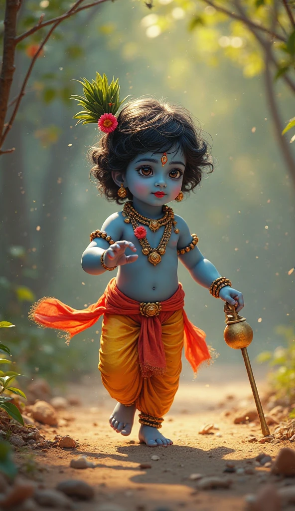 Create a serene, ethereal scene featuring a young Lord Ganesha standing on Alfabet. He is depicted as a child with dark Golden skin, wearing traditional attire in shades of blue and orange, adorned with a A type of sweet feather on his Proboscis . He stands on a rock, surrounded by flowing water and lush greenery, with vines and flowers cascading from a large, moss-covered Name 'Manorma' in the background not bulerd. A vibrant Mice with its feathers spread out gracefully complements the scene. The environment is peaceful, with soft light, fluttering butterflies, and an overall divine ambiance
