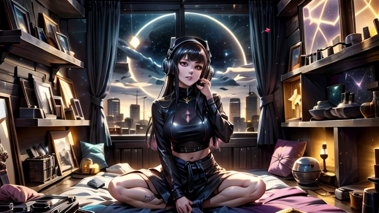 A woman wearing a bathrobe and headphones is lying by the pool、A beautiful night view behind、big breasts、sexy、Indoor pool with a night view、moonlight、exposed、half naked、Downlight、full moon、Stylish interior、Ruby Eye