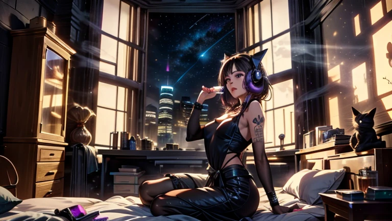 Neo-Tokyo summer night: Futuristic apartment. Alluring 18-year-old girl with long, color-shifting hair lounges on holographic sofa, she's looking at viewers. LED cat-ear headphones on head. Floating iridescent vinyl records. Holographic music visualizers. Color-changing smart lights. Floor-to-ceiling window shows vibrant cityscape. Girl wears shimmering bra top and shorts. Bioluminescent eyes. Blend of retro and futuristic aesthetic in a colorful setting.