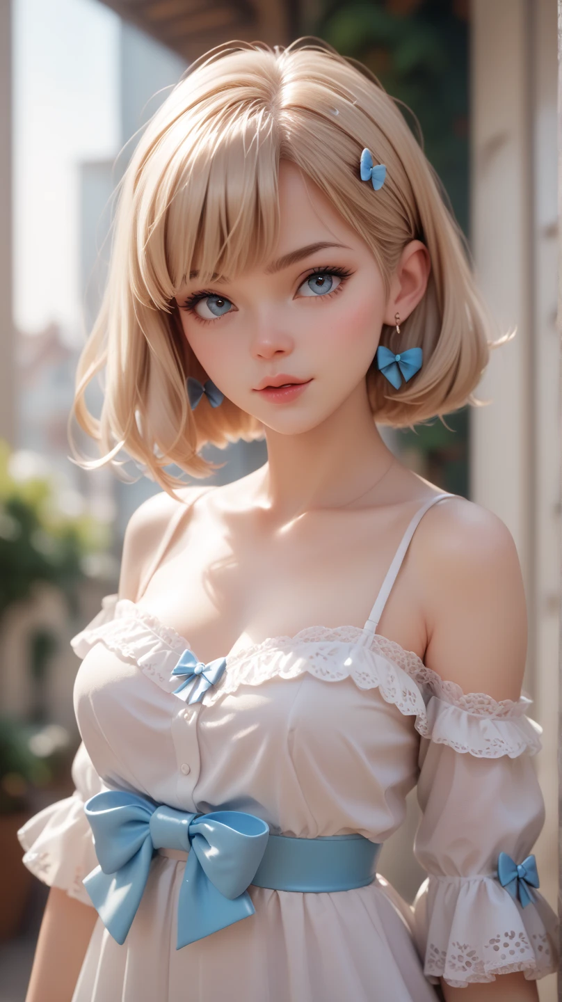 short hair, 前髪のあるshort hair, Woman with pretty face,Cute little face, French Bob, White skin, 短い茶色の髪とBig eyes, Soft Portrait Shot 8k, Beautiful light、Big eyes, Beautiful woman, Young woman with bob cut, Full Shot,Best image quality,