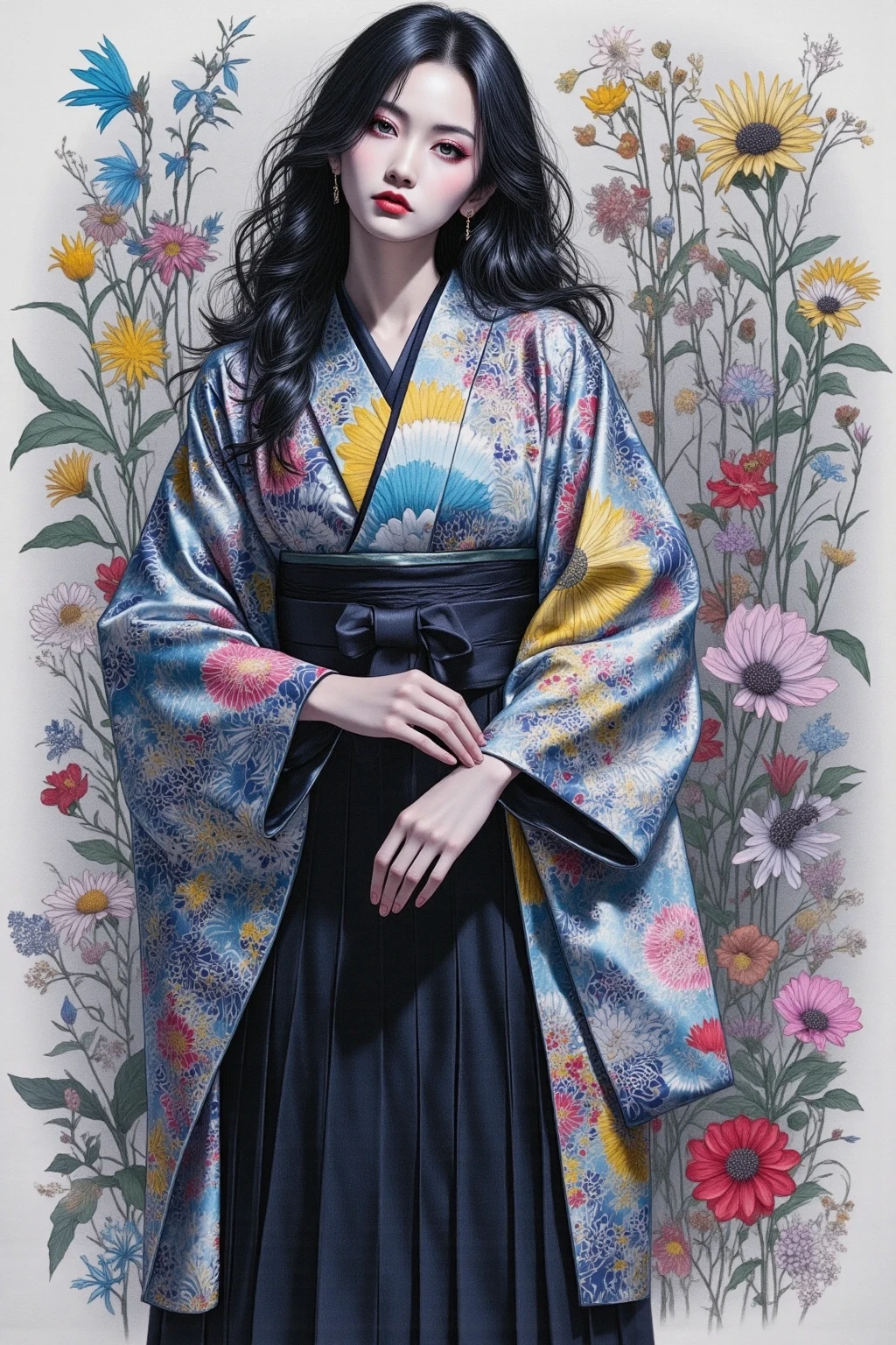 Woman in a Hakama 、Glowing black eyes、Black hair gathered together、Long Wavy Hair、full body。blue grey inkで描かれたリアルなポップアート、blue grey ink、 Line Art、Extremely detailed illustrations 、Painting or Digital Art。projected colorful shadows、correct projection of colorful shadows、 minimalism、 oriental、top quality、high definition、masterpiece:1.4、16k