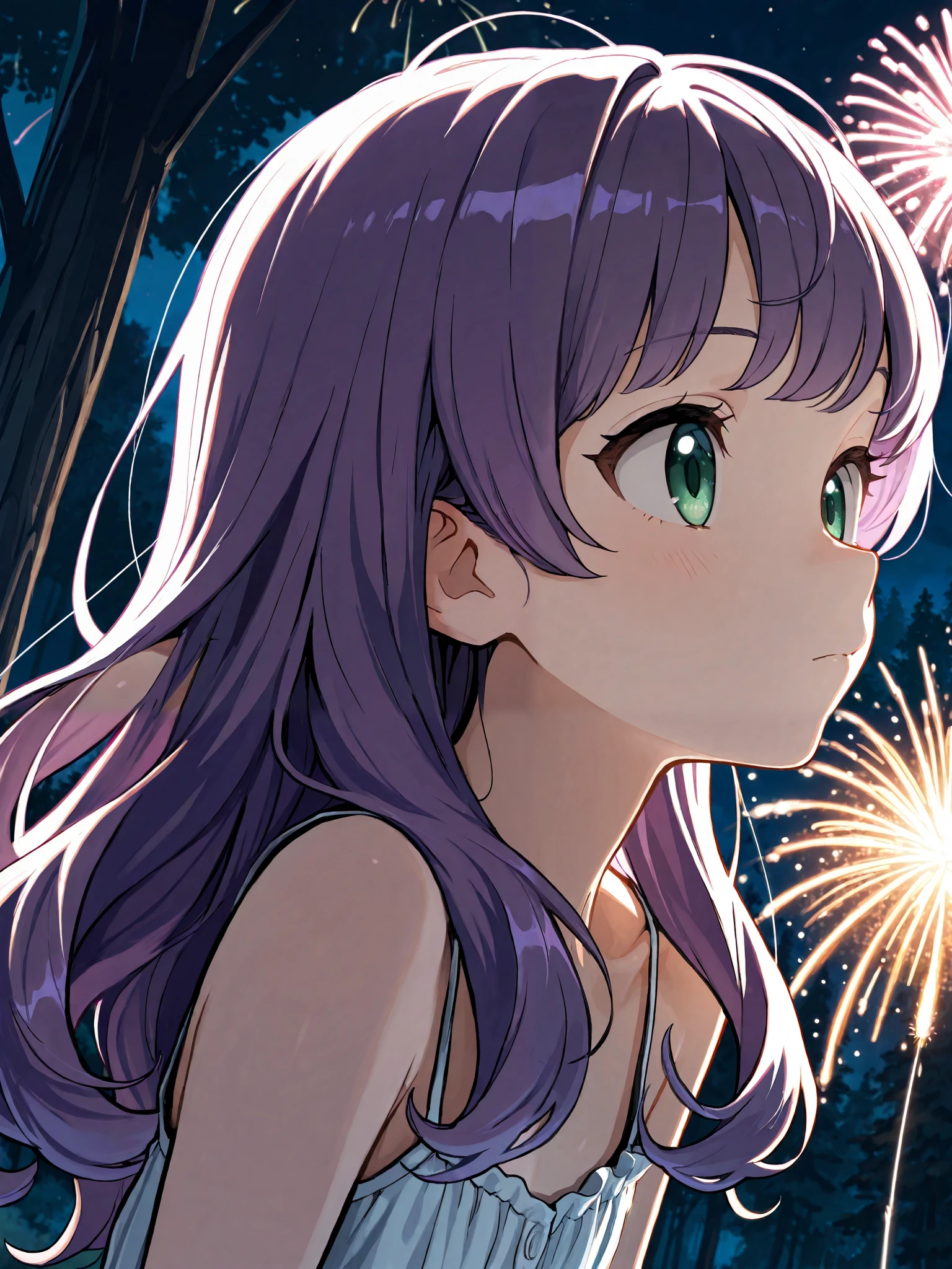 (masterpiece), top quality, completely complete, solo, small,
long hair, wave hair, short bang, purple hair, green eyes, Flat chest, ( Witch:1.4), (小豆色の Witchのローブ),
forest, Night , Fireworks , close-up,