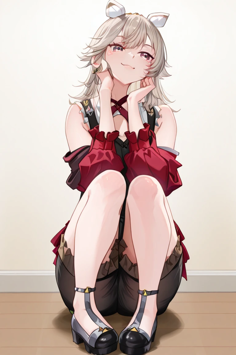 1girl, evil neuro-sama, (yuzu modoki), red eyes, light brown hair, ahoge, two side up, hair ribbon, dark red ribbon, heart hair ornament, black dress, frilled dress, off-shoulder dress, bare shoulders, frilled choker, long sleeves, red bow, red buttons, black heart, black socks, frilled socks, grey footwear, loafers, (masterpiece, best quality), highly detailed, finely detailed, wet, looking at viewer, see-through dress, covered nipples, underwear, cleavage, collarbone, from below, simple background, stomach, split, standing split, standing on one leg, dress lift,