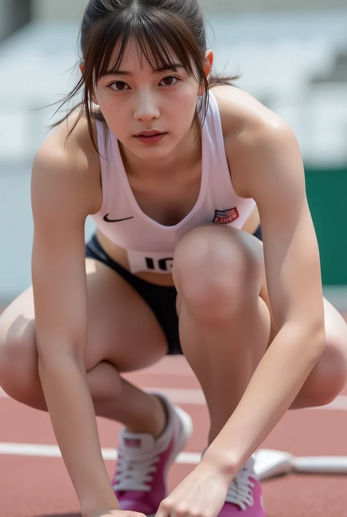 NSFW, ((full_body_shot:1.6)), ((Low Full Body Shot:1.4, Rounded ass, butt crack、thighs、turn around)), (full body portrait, Show off your shoes), (This is a very delicate and beautiful work.), ((masterpiece)), (highest quality), athlete body, one woman, (volleyball uniform:1.4), (indoor_volleyball_court_background:1.4), (sexually excited face:1.4), ((dynamic pose:1.4)), high nose bridge, hair cut at the shoulder,((fair skin:1.4, 16 years old, Sweaty and wet body)), bright lighting, Natural light, realistic lighting, nice lips, Ultra-fine painting, delicate face, delicate figure, (Depth of the bounds written:1.2), style, super detailed, (realistic, photograph_realistic:1.4), Physically based rendering, perfect white balance, professional color grading, 8K, Raw photograph, color photograph, product photographgraphy.