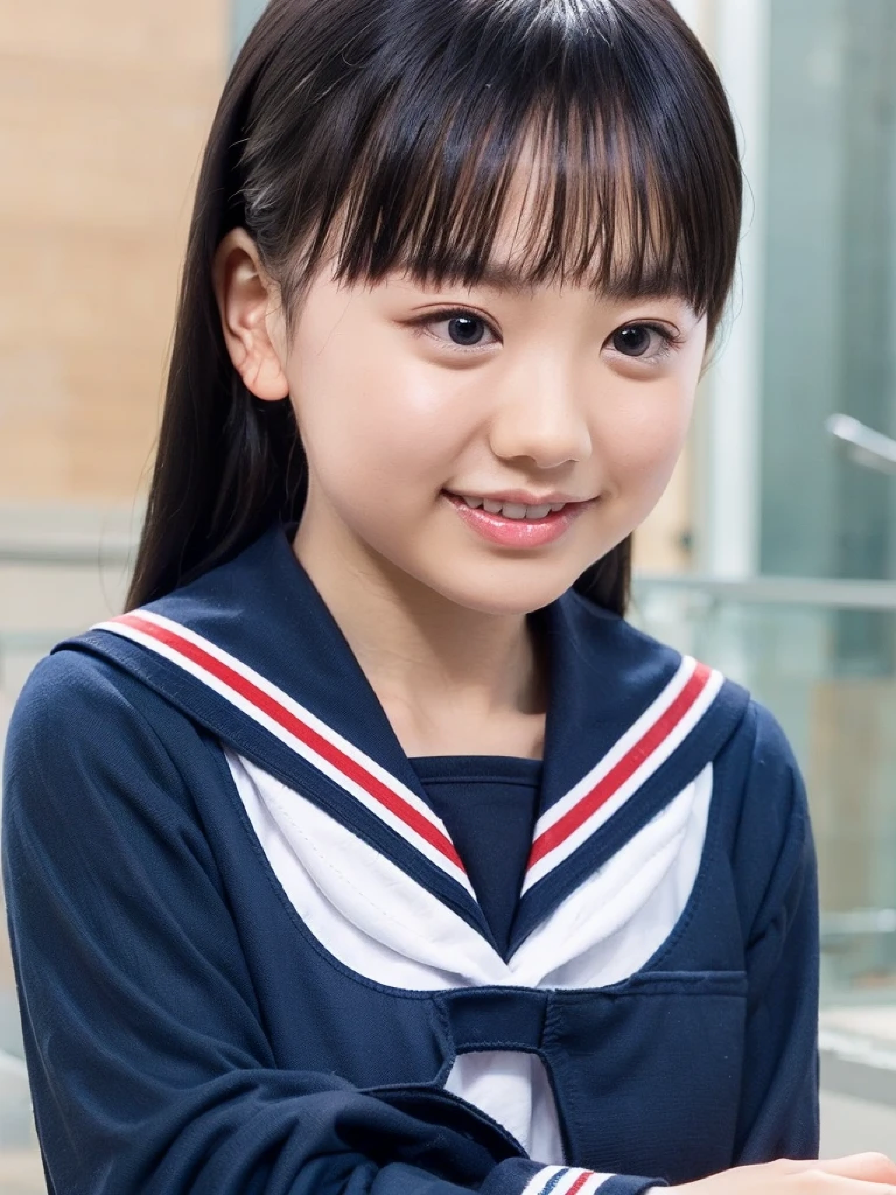 smiliy, long hair, Elementary school student, wearing sailor suit, Dark Blue, long sleeve, upper body, small eyes, make up, ((looking away:1.2))