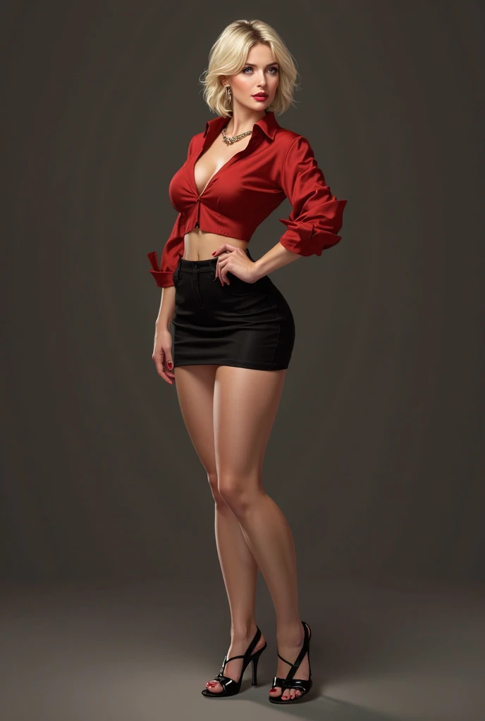 Allison Scagliotti, A girl with red hair, bobcut hairstyle, full body shot, detailed eyes and face, cardigan, bare legs, short hair, asymmetric haircut, inverted bob,