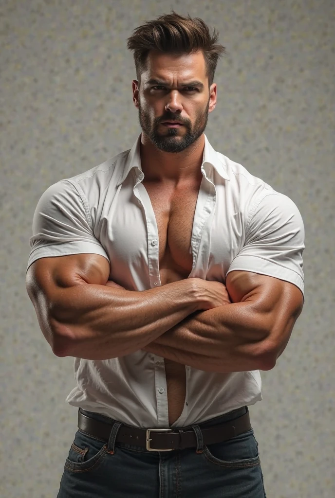 tough man, 40 year old man, ex-soldier, ex-special forces soldier, faded hair, faded haircut, very short hair, beard, dark mustache, thick mustache, short beard, thick beard, muscular, muscles, abs, thick neck, huge man, large man, husky man, handgun, holding handgun, trimmed beard, thick beard, pecs, hirsute, body hair, fuzzy chest, black gym string top, gym string top, ultrarealistic, well-lit, good lighting, soft lighting, 8k