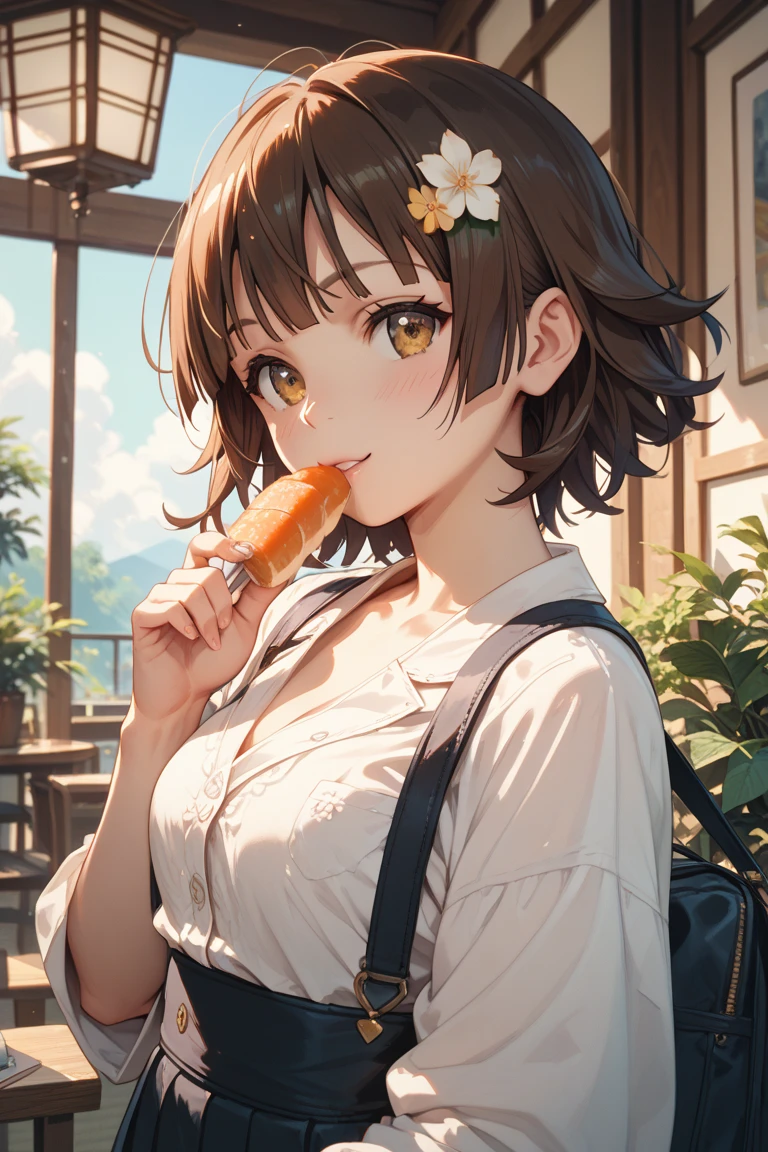 Illustration depicting Tanuki girl eating Inari sushi。She wears a red ribbon on her white dress.、Her hair is short brown。Her ears and tail are those of a raccoon.、there are freckles on the face,。She's having a picnic in the park.、I have sushi in my hand。Her expression is happy and satisfied, but、Unaware that what she eats is made from the skin of her relative, raccoon.。There are trees and flowers in the background、Makes you feel the cheerfulness of spring