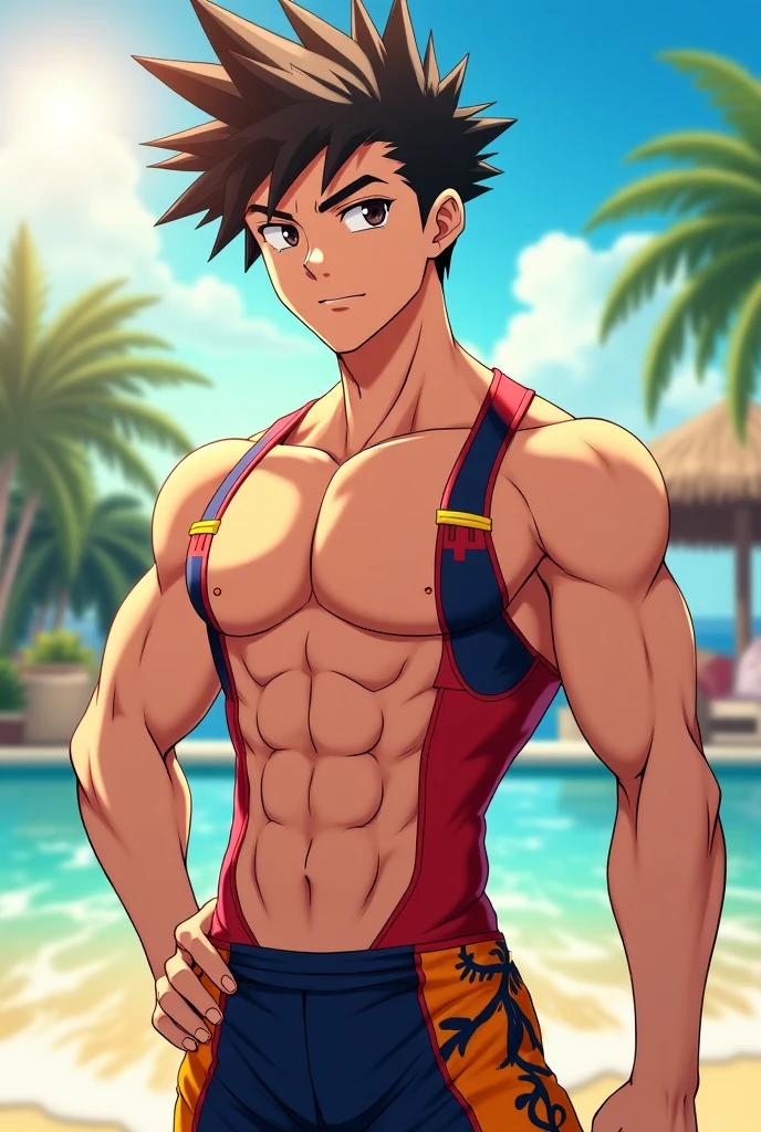 A 16-year-old boy has tanned skin, has abs, has a penis, has an erection, and is wearing a competitive swimsuit.
