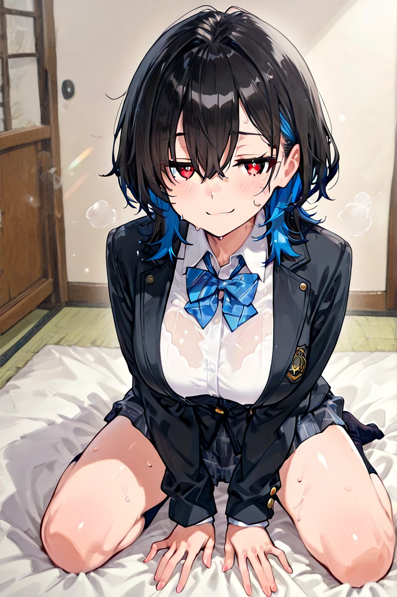 Young girl with blue hair,short straight hair and short bangs (purple eyes),, ((small bushy eyebrows)), wearing gothic ta clothing, loli, medium large breast, breasts out of blouse, walking to school, bored look, bored face, , lifting her skirt to show her vagina wet with semen, having sex