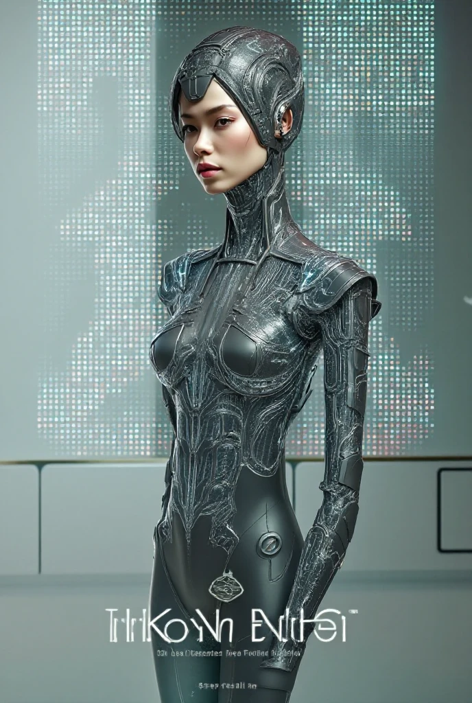 full glossy, porselain full body,fokus kewajah seorang wanita cantik asal Indonesia berkostum robot 🤖 berdiri tegak, raksasa, and behind and on the side there is a robot truck 🤖, dark background with droste silencer style