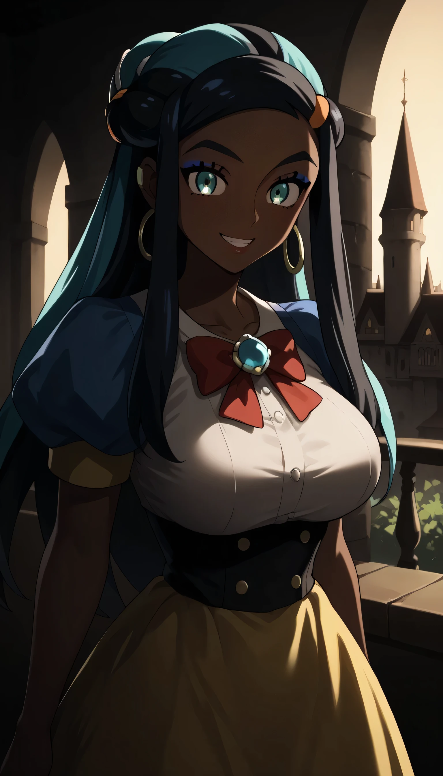 snow white cosplay, pokemonnessa, aqua eyes, eyeshadow, dark skin, dark-skinned female, hair bun, hair ornament, makeup, long hair, sidelocks, single hair bun, thick eyebrows, black hair, aqua hair, streaked hair, white (disney) (cosplay), cosplay, dress, hair bow, puff and slash sleeves, puffy short sleeves, puffy sleeves, red bow, short sleeves, skirt, yellow skirt,,huge breast,Give your images flat even illumination (negative) or dramatic chiaroscuro lighting (positive,seductive smile,castle,smile, teeth,