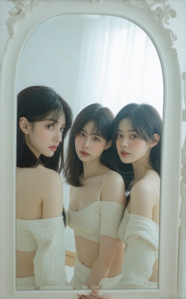Two 20 year old Korean girls. Pale skin, straight short bob haircut dark brown hair, brown eyes, soft and delicate lips, thin, slanted double-lidded eyes, medium bust. In a hotel. With brand clothes