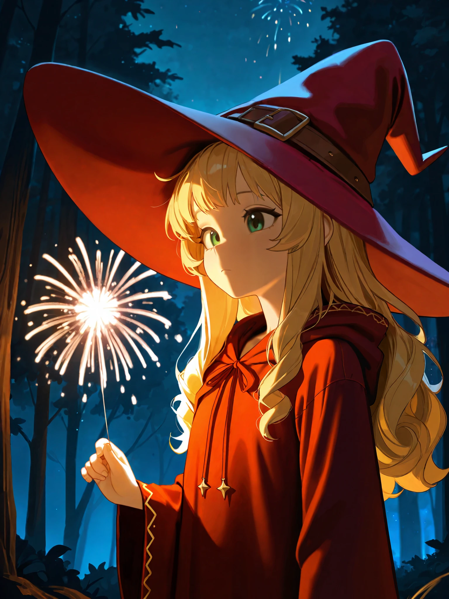 (masterpiece), top quality, completely complete, solo, small,
long hair, wave hair, short bang, Blonde Hair, green eyes, Flat chest,(witch:1.5),(red bean colored witch robe), a witch's pointy hat ,
forest, Night , Fireworks , (close-up:0.8),