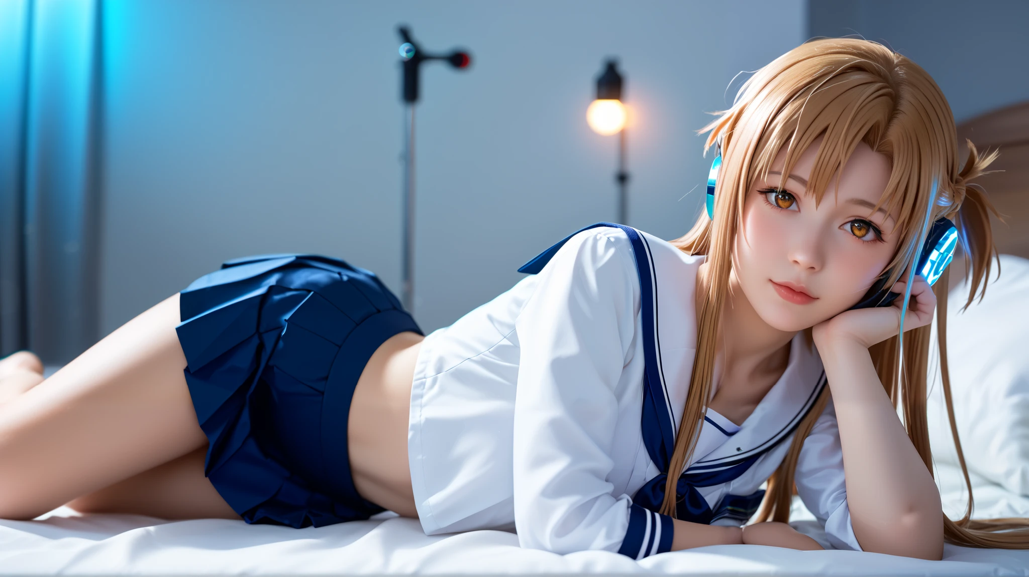 Asuna Yuuki from Sword Art Online reimagined as a modern ultra-realistic gamer girl, lying on her bed in a seductive and intimate pose, inside a dimly-lit cyberpunk-themed bedroom with RGB lights glowing softly in the background.
She has long, flowing light chestnut hair and captivating hazel eyes, gazing at the viewer with a playful yet alluring expression. Wearing a tight cropped Japanese schoolgirl uniform—white sailor top with black trim and a navy blue pleated mini skirt—her skirt is slightly pulled down on her hips, revealing more of her smooth thighs and legs. She’s laying on her side, one leg slightly bent, her arm resting near her face, while her other hand gently plays with the headphone wire. Large over-ear RGB gaming headphones with glowing accents rest around her neck. Soft pink and cyan neon lighting wraps around her body, highlighting the texture of her skin and the folds in her outfit. Emulate a Canon EOS R5 with 85mm f/1.2 lens, cinematic soft lighting with rim glow, use shallow depth of field. Compose with a side-angle close-up, focused on her face and upper body, legs subtly leading into the frame with soft shadows. --ar 16:9 --v 6 --style raw --quality 1 --stylize 1000