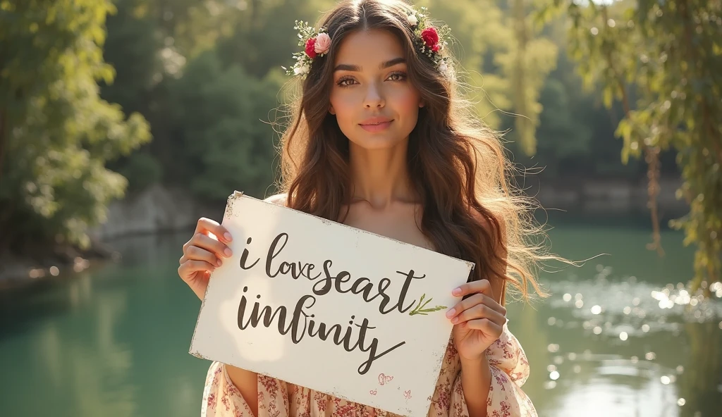 Beautiful girl with wavy long hair, bohemian dress, holding a white board with text "I Love Seaart Infinity" and showing it to the viewer