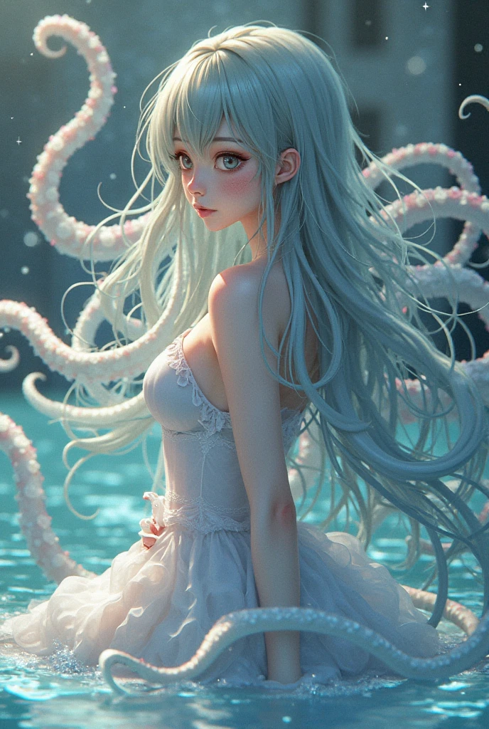 The upper part of the body、one girls、i have gray hair color、Two-tone、(Pink Highlight Hair、Bun hair、floral hair band、very Bigger breasts、gorgeous lace bikini、Countless glowing spheres float、Glowing soap bubbles、、under the water、under the waterを泳いでる、Glowing jellyfish