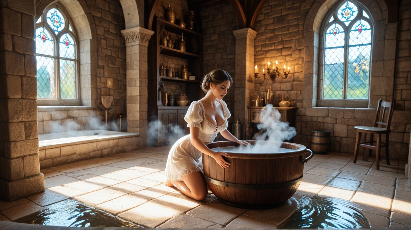 Woman in antique copper bathtub. Front view: 1.20),,ultra detailed,The woman,naked,lying in water. Bathroom. wooden room. warm lights. Medieval atmosphere.