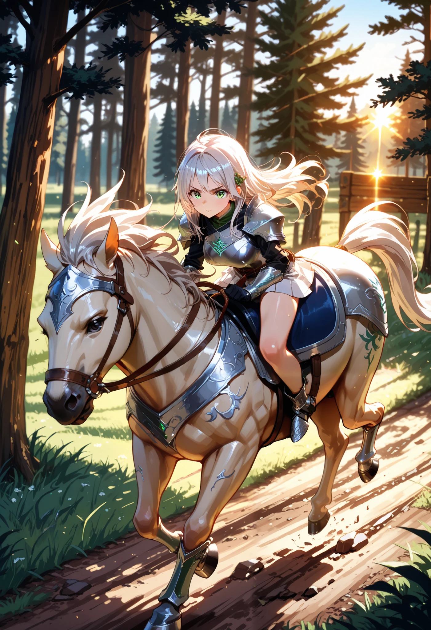 (masterpiece:1.3), (8K, best quality:1.3), Highest image quality, intricate details, high resolution, depth field, Natural light, professional lighting, motion blur background, BREAK, kisyu, riding, horse, both hand holding rein, from above, (a female knight riding a horse intense horseback riding chase in the forest, (long hair, green eyes, ((silver armor, silver shoulder pads, white miniskirt, gauntlet, gloves, bare legs, silver greaves)), ([white horse:1.2, white mane, black eyes, white tail, saddle, reins, bridle, stirrups, running), BREAK (forest), BREAK solo, (from front:1.2), FULL BODY, anatomically correct