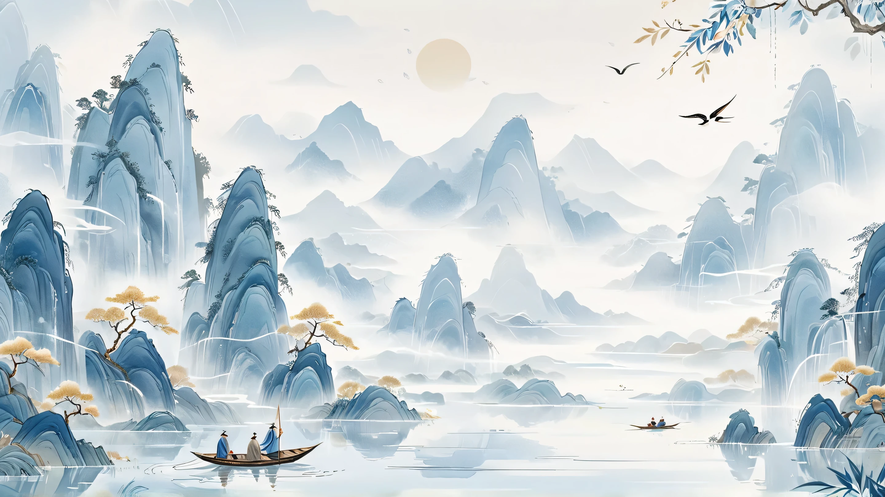 Fine pictures, fine lines,(Golden Section composition), (Golden Ratio),Minimalism,(flat illustration:1.4),guofeng,chinese style,gcch,blue,ZenThe tranquility of a drizzling spring day conveyed in a minimalistic style, encompassing the lush ink-and-wash mountains, a fisherman rowing a small boat across the calm water, willow branches swaying gently with raindrops clinging to the leaves, swallows fluttering around the scene amidst the rain droplets, a sublime manifestation of the Chinese aesthetic with the subtle nuances of the Rainwater solar term, embodying a profound Zen atmosphere, overall scene imbued with a delicate shade of a light blue hue to preserve the serene mood, consistent with the simplicity and introspection evinced in the painting's thematic essence, (best quality,4k),(light blue tones), (hyper realistic, hyper detailed, photorealistic), HDR, soft diffused light pouring in to compliment the tranquil atmosphere, overall design reflecting a harmonious blend of traditional Chinese aesthetics and a modern minimalist approach