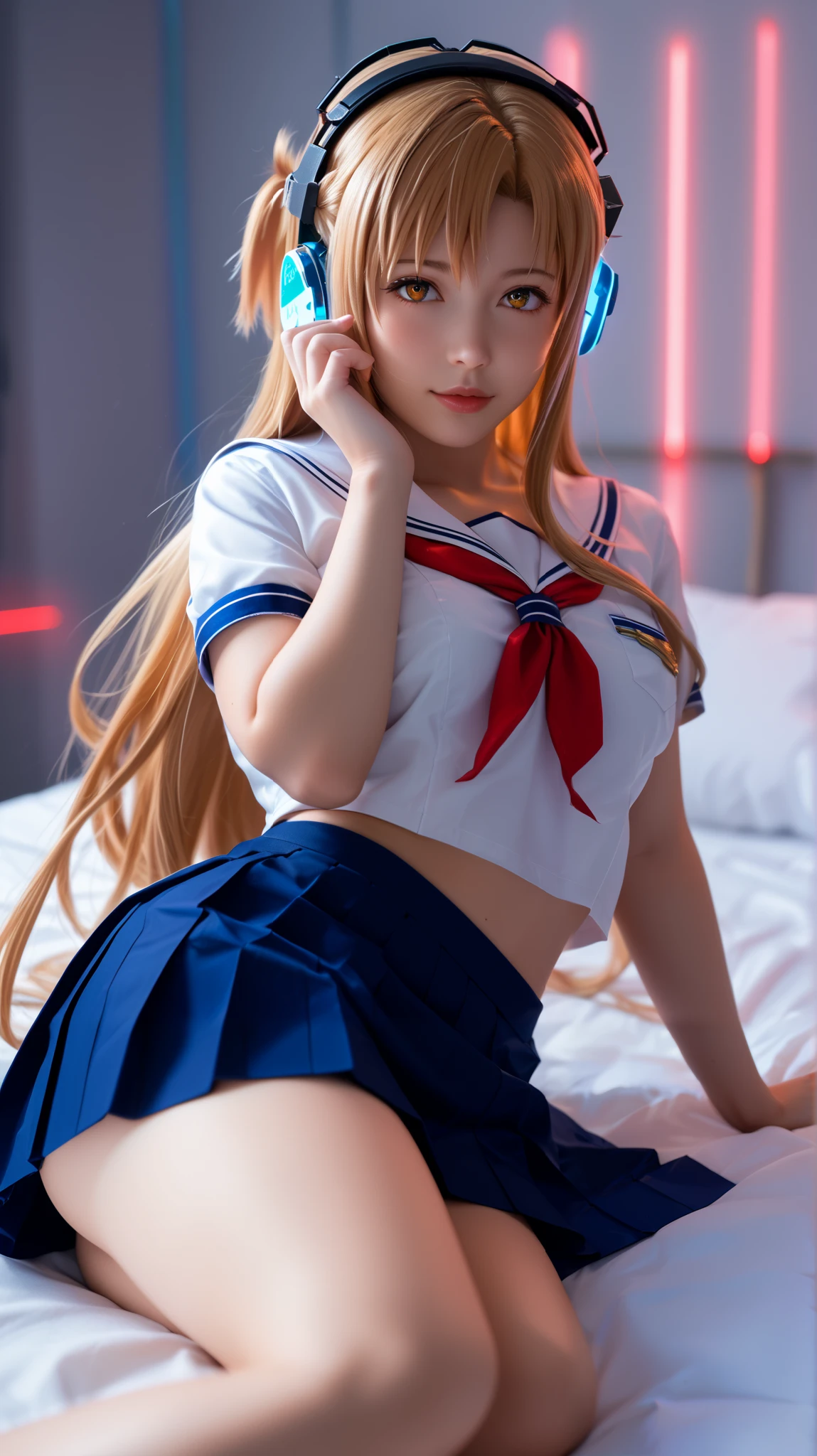 Asuna Yuuki from Sword Art Online reimagined as a modern ultra-realistic gamer girl, lying on her bed in a seductive and intimate pose, inside a dimly-lit cyberpunk-themed bedroom with RGB lights glowing softly in the background.
She has long, flowing light chestnut hair and captivating hazel eyes, gazing at the viewer with a playful yet alluring expression. Wearing a tight cropped Japanese schoolgirl uniform—white sailor top with black trim and a navy blue pleated mini skirt—her skirt is slightly pulled down on her hips, revealing more of her smooth thighs and legs. She’s laying on her side, one leg slightly bent, her arm resting near her face, while her other hand gently plays with the headphone wire. Large over-ear RGB gaming headphones with glowing accents rest around her neck. Soft pink and cyan neon lighting wraps around her body, highlighting the texture of her skin and the folds in her outfit. Emulate a Canon EOS R5 with 85mm f/1.2 lens, cinematic soft lighting with rim glow, use shallow depth of field. Compose with a side-angle close-up, focused on her face and upper body, legs subtly leading into the frame with soft shadows. --ar 16:9 --v 6 --style raw --quality 1 --stylize 1000