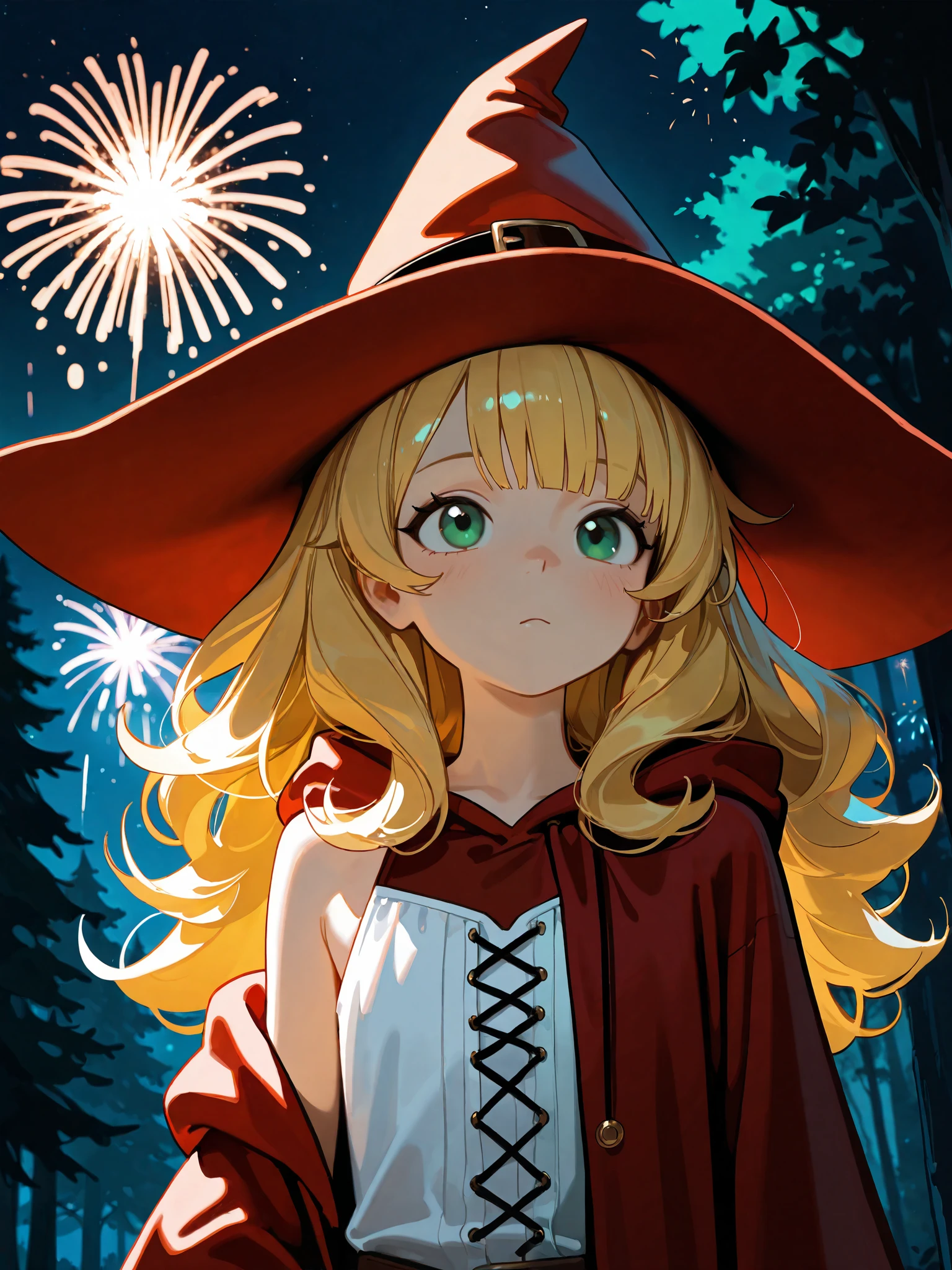 (masterpiece), top quality, completely complete, solo, small,
long hair, wave hair, short bang, Blonde Hair, green eyes, Flat chest,(witch:1.5),(red bean colored witch robe), The Witch's Little Pointy Hat, The inner is a white sleeveless shirt,
forest, Night , Fireworks , (close-up:0.8),