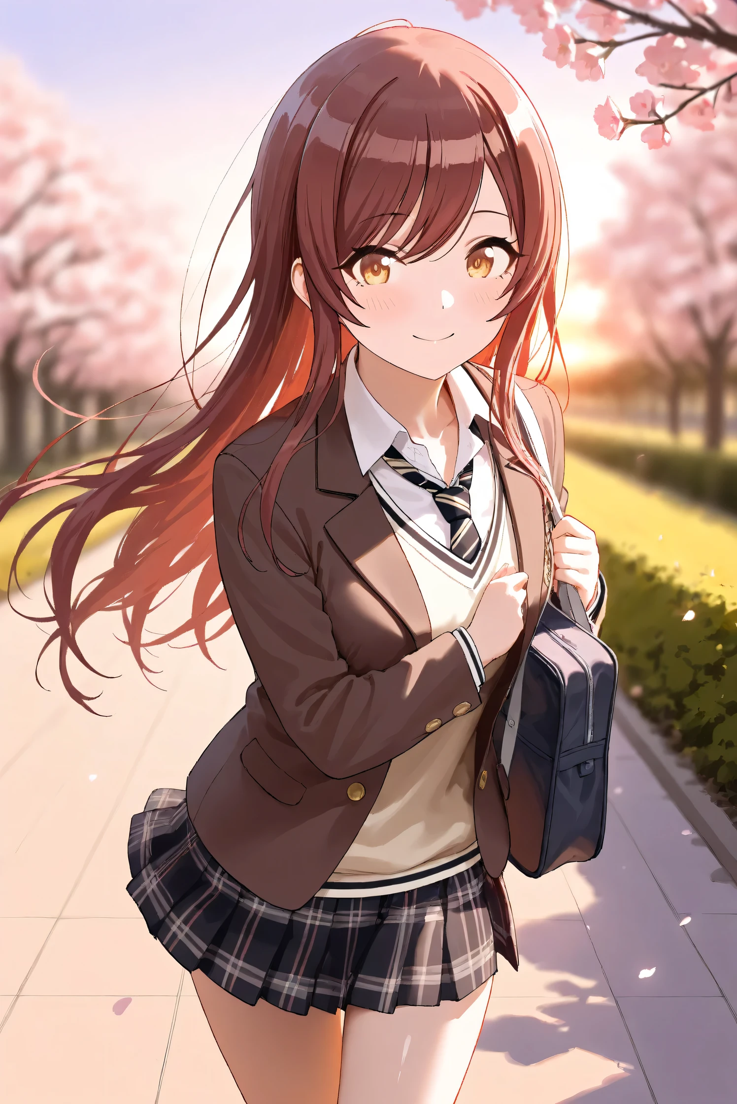 (Masterpiece), (Highest quality), (Very detailed), 
(The best shape), (Best Shadow), (Absurd), 
(Detailed background), (So beautiful), Shiny , 
Extraordinary, Countershading, 8k, 32K, High resolution, Beautiful eyes in every detail,
Very Detailed CG, UHD,

Score_9, Score_8_up, Score_7_up, Source_anime, 
(Pastel painting:1.2), (Watercolor painting:1.2),
(Masterpiece, Detailed:1.2), (Foreshortening:1.2),

Cinematic, Dramatic, (Depth of field:1.4),
(Blurry background:1.4), (Realistic background:1.4),
Dynamic angle, 1 girl,
Outdoor, Spring, (Cherry blossoms:0.8), (Evening:1.2),
Wind, Nature,

Osaki Amana,
the idolmaster shiny colors,
amanaosaki,
red hair, brown hair, yellow eyes,

(School uniform:1.3),
Blazer, Brown blazer,
Sweater, Khaki sweater,
formal shirt, White collar shirt, tie, black tie,
miniskirt, black skirt, Checkered Skirt,
School bag,

Cowboy shot, Focus on face, 
(Blush:1.3), Happy, smile,
Realistic skin, Shiny skin,