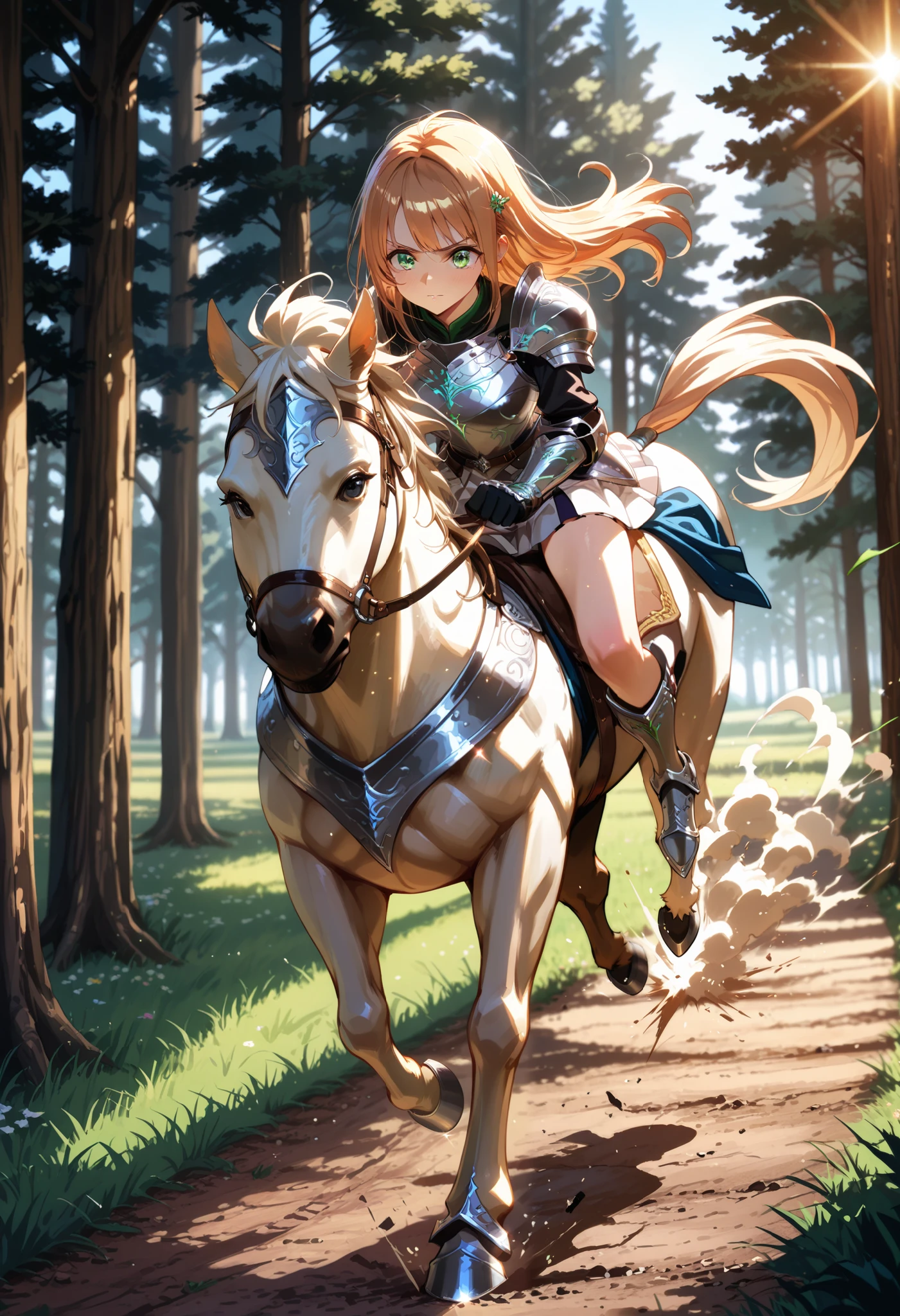 (masterpiece:1.3), (8K, best quality:1.3), Highest image quality, intricate details, high resolution, depth field, Natural light, professional lighting, motion blur background, BREAK, kisyu, riding, horse, both hand holding rein, from above, (a female knight riding a horse intense horseback riding chase in the forest, (long hair, green eyes, ((silver armor, silver shoulder pads, white miniskirt, gauntlet, gloves, bare legs, silver greaves)), ([white horse:1.2, white mane, black eyes, white tail, saddle, reins, bridle, stirrups, running), BREAK (forest), BREAK solo, (from front:1.2), FULL BODY, anatomically correct