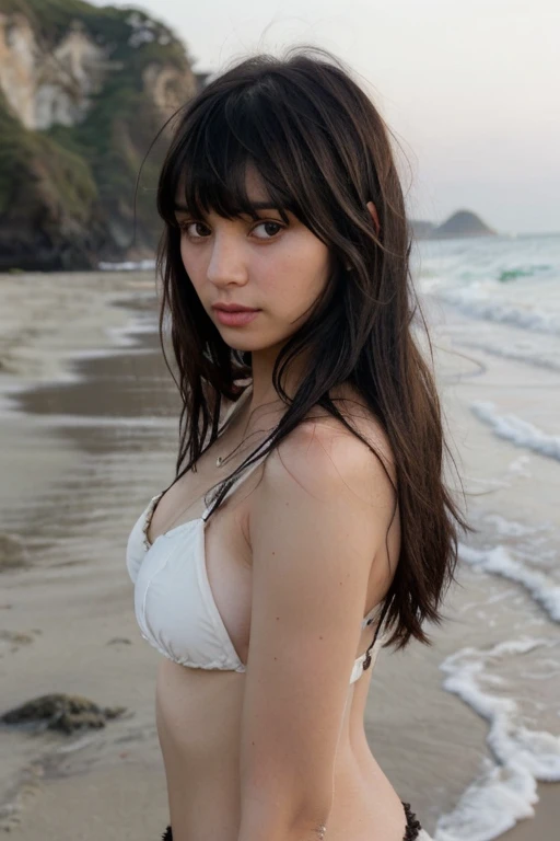 Ultra-realistic 8K CG, First Job, ((Ultra-detailed backgrounds, Delicate pattern, Intricate details)), (Very detailed, The finer details), Better Quality, (Realistic: 1.4), Beautiful lighting, absurdes, RAW Photos, Film Grain, ((Huge-breasted,  slim)), Nico robin V2, One girl, Black  long straighthair, alone, Long Hair, jewelry, ((Huge-breasted,  slim,  fine details　bikini, sexly, Lewd, big eyes, View your viewers,  Cleavage,  clavicle, (Intricate detailed background, outer, Beach Environment, Sunny, nature), ((Portraiture, close)), (breast squeeze:1.3)