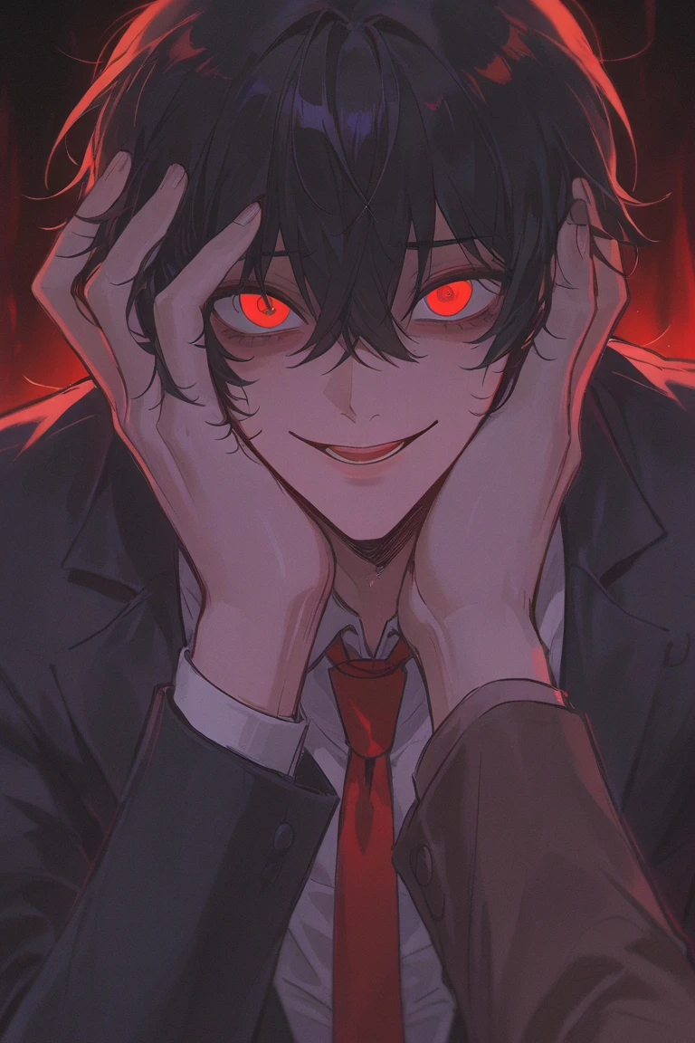 scary, dark aura, hell, male, red eyes, black and dark red hair, bats, blood