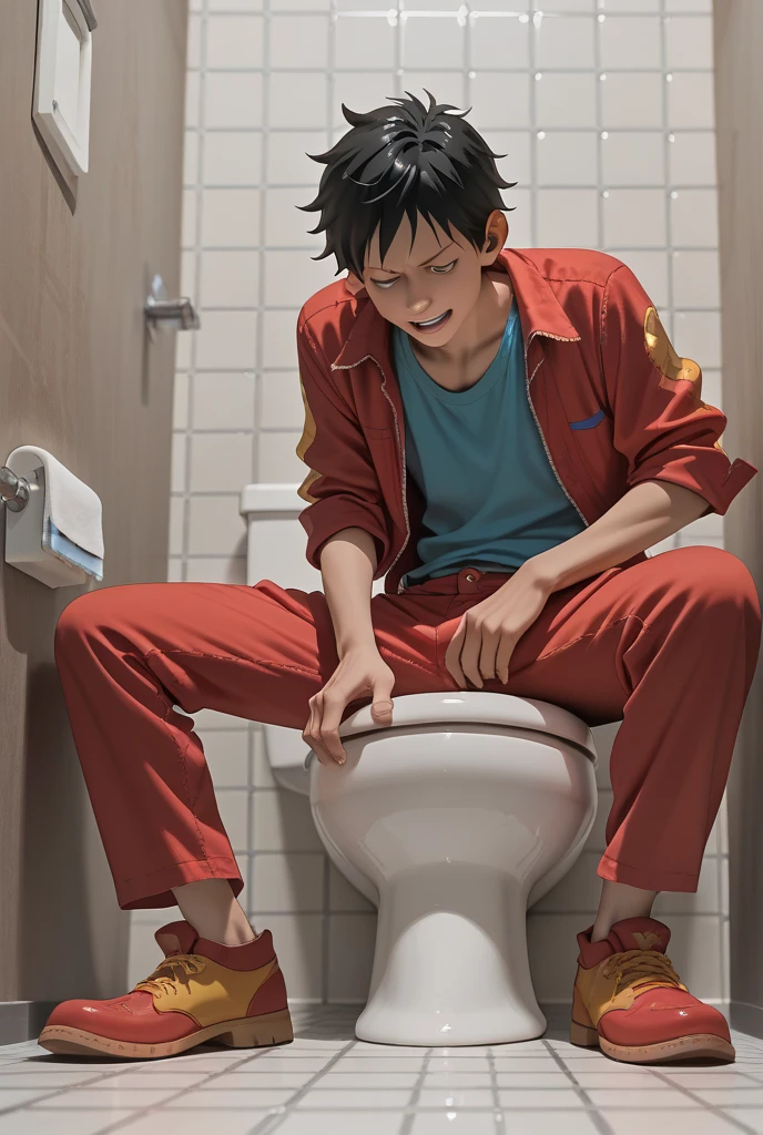 Anime A young slender muscular man is peeing himself. He looks scared and panicking. Pee wet spot on his blue short pants. His pee is dripping down from his pants. Morning. Anime
