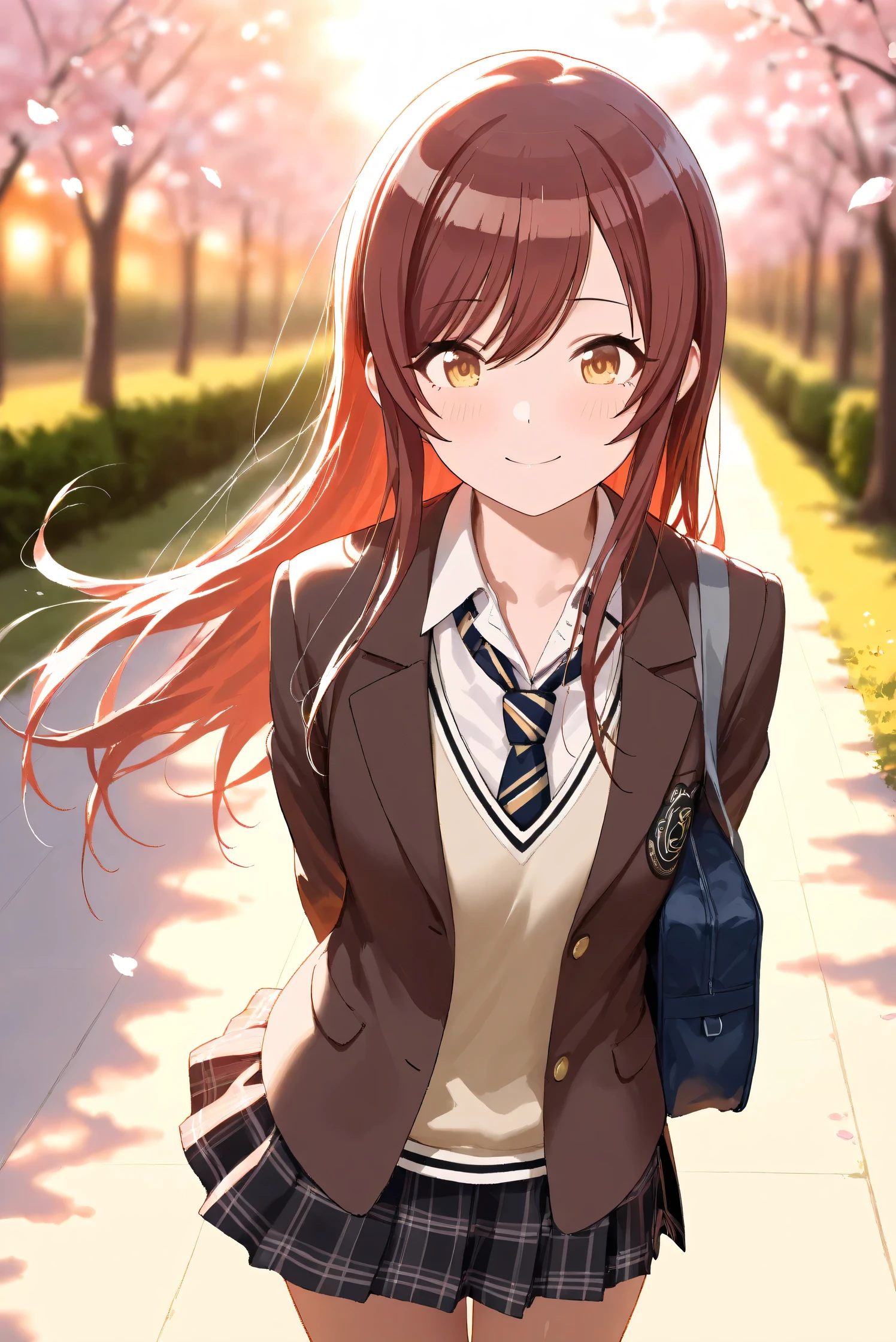 (Masterpiece), (Highest quality), (Very detailed),
(The best shape), (Best Shadow), (Absurd),
(Detailed background), (So beautiful), Shiny ,
Extraordinary, Countershading, 8k, 32K, High resolution, Beautiful eyes in every detail,
Very Detailed CG, UHD,
Score_9, Score_8_up, Score_7_up, Source_anime,
(Pastel painting:1.2), (Watercolor painting:1.2),
(Masterpiece, Detailed:1.2), (Foreshortening:1.2),
Cinematic, Dramatic, (Depth of field:1.4),
(Blurry background:1.4), (Realistic background:1.4),
Dynamic angle, 1 girl, backlight,
Outdoor, Spring, (Cherry blossoms:0.8), (Evening:1.2),
Wind, Nature,
Osaki Amana,
the idolmaster shiny colors,
amanaosaki,
red hair, brown hair, yellow eyes,
(School uniform:1.3),
Blazer, Brown blazer,
Sweater, Khaki sweater,
formal shirt, White collar shirt, tie, black tie,
miniskirt, black skirt, Checkered Skirt,
School bag,
Cowboy shot, Focus on face,
(Blush:1.3), Happy, smile,
Realistic skin, Shiny skin,