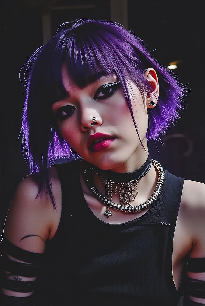 Photo of cute 18 year old punk girl,、(top-quality、in 8K、32K、masterpiece、((NSFW)))、(Photorealistic:1.4),Fancy makeup, shapeless punk hair,punk fashion、Tank top, Leather jacket, Miniskirts, A pink-haired, Red hair, Purple hair multicolor hair、Tattoos,、city street background、Backlight effect、depth of fields,Blurry background.
