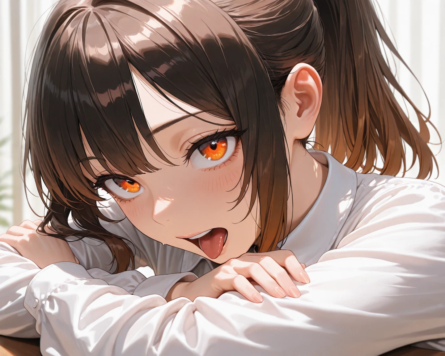 fluffy hair,Brown hair,((Braided shorthair)),Slightly red tide,((Brown eyes)),(((Trembling girl ))),(NSFW),((独奏)),((1 persons)),((masturbation)),((put you in my mouth)),(Prone),((close up of face)),Kamimei