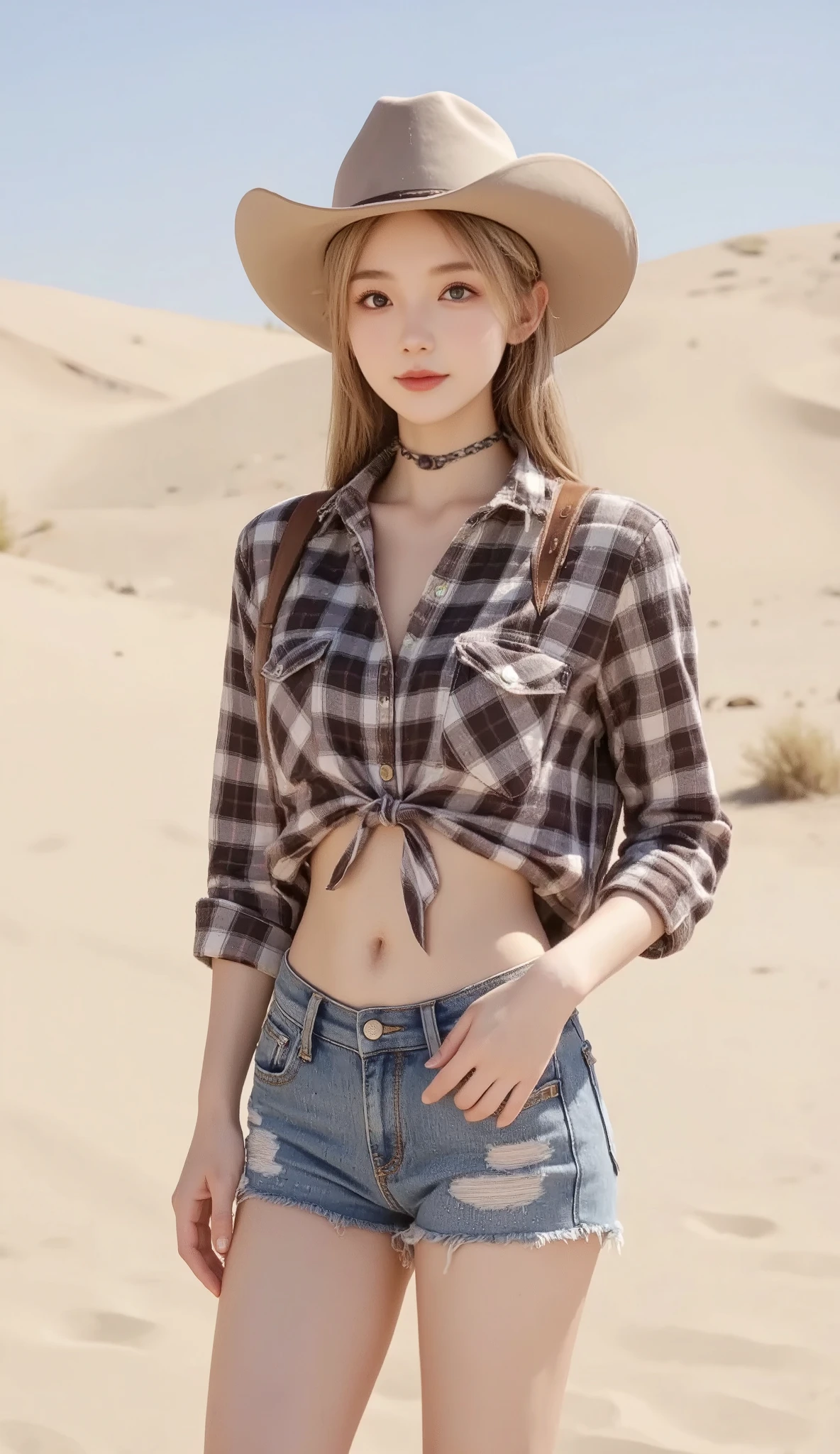 A young woman dressed in western style, wearing a checked cropped shirt that reveals her midriff and ripped denim shorts. She wears a tan cowboy hat and brown cowboy boots, giving off an air of carefreeness and adventure. This outfit gives off a western or country vibe, mixing casual chic with country charm. The background is a desert with dunes, Gobi Desert, sand, and wind, adding to the overall wild west vibe