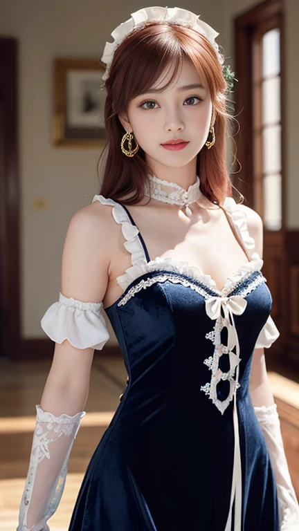 There is a woman in a blue dress posing for a photo, elegant and charming cosplay, catboy cosplay! Maid! Dress, loli dress, big eyes, anime girl cosplay, maid dress, sand stream, eola, ayaka cosplay, rin, maid outfit, good, full body fairy, inspired by Leng Mei, inspired by Gao Qipei