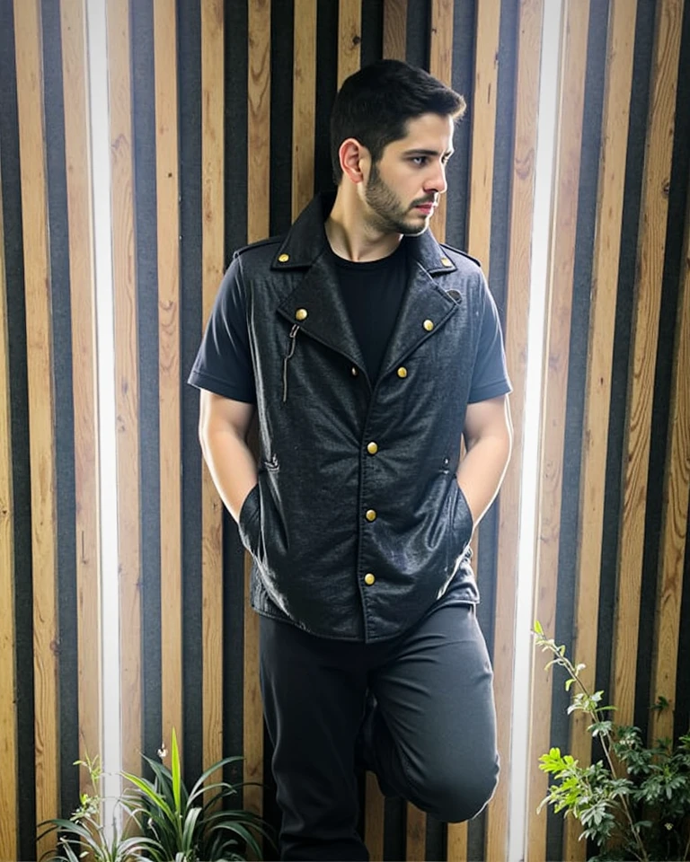(Best quality:1.5), high quality, realistic, detailed, (European appearance), ((to the waist)), beautiful facial features, (1 brunette man), in a polo shirt, fabric pants, looking away, to the streets, At night , cinematic lighting, Resolution 8K, bright colors