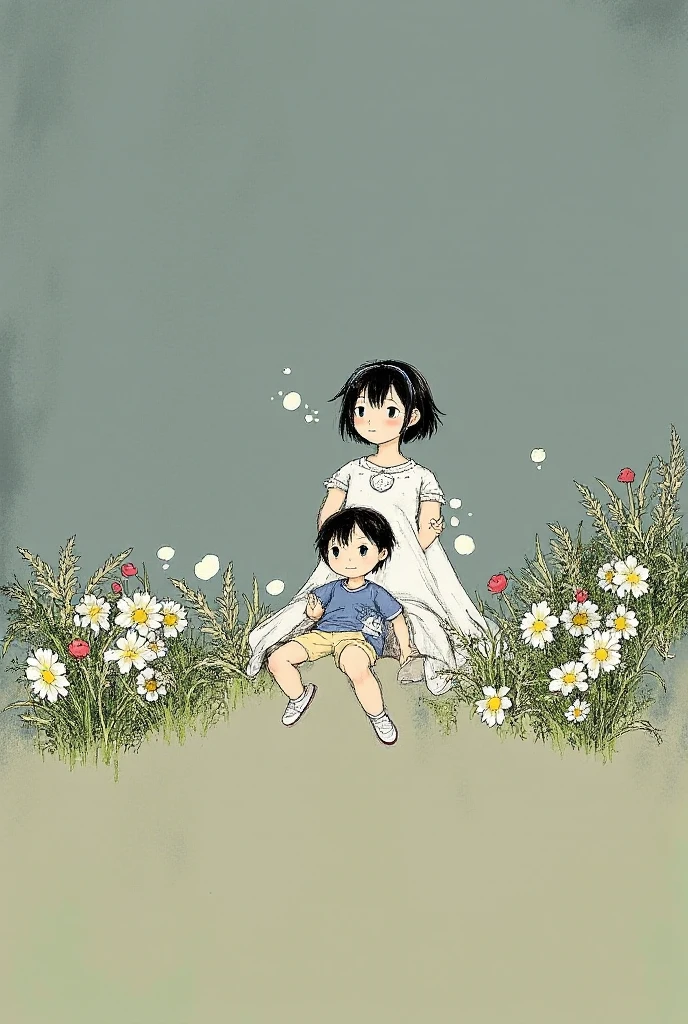 A boy and a girl lying on the grass relaxing in the sun, Studdios Ghibli style illustration