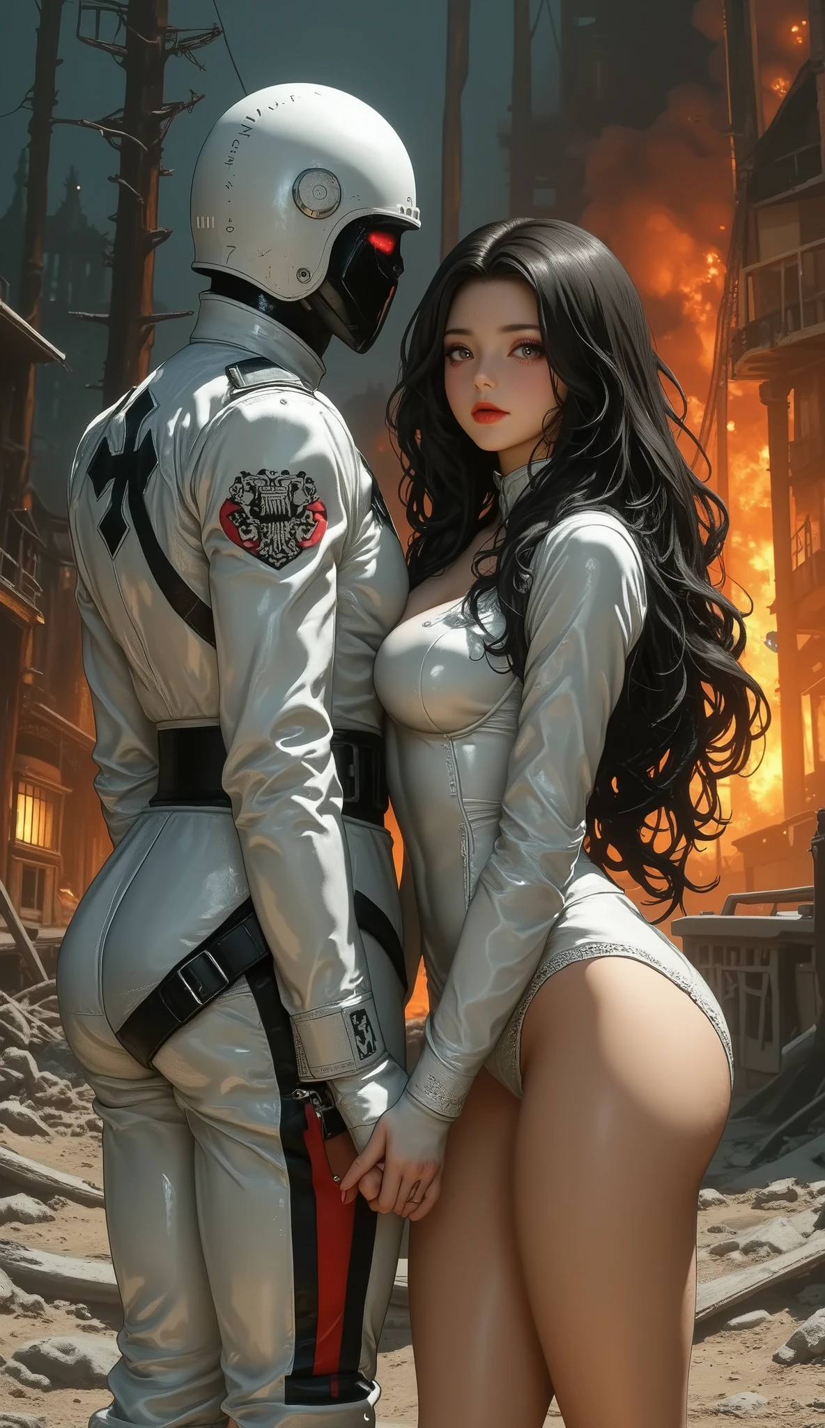 masterpiece, top quality,  abandoned city and fire in the background ,  Anime Viera girl, White Nazi SS soldier, 4K Manga Wallpaper, bleach, Exterminator, Chartier Bloodfall,  Bad Ass Anime 8k , gapmoe yandere, yandere, Albedo from Overlord, Eerie Smile, Crazy Laughter, Smiling with corners of mouth turned up, black hair long hair, white mini skirt, White Long Sleeve Military Uniform 