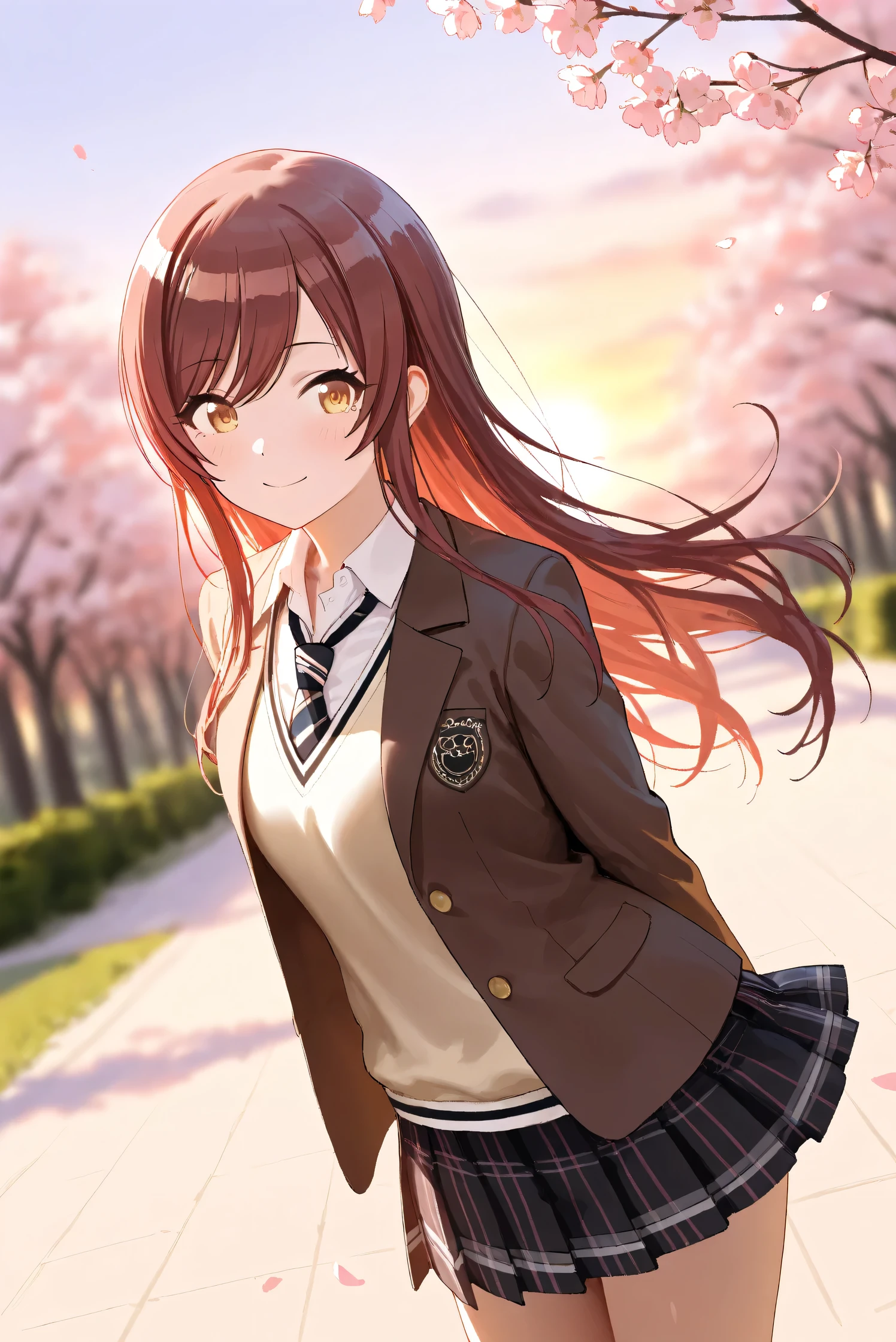 (Masterpiece), (Highest quality), (Very detailed),
(The best shape), (Best Shadow), (Absurd),
(Detailed background), (So beautiful), Shiny ,
Extraordinary, Countershading, 8k, 32K, High resolution, Beautiful eyes in every detail,
Very Detailed CG, UHD,
Score_9, Score_8_up, Score_7_up, Source_anime,
(Pastel painting:1.2), (Watercolor painting:1.2),
(Masterpiece, Detailed:1.2), (Foreshortening:1.2),
Cinematic, Dramatic, (Depth of field:1.4),
(Blurry background:1.4), (Realistic background:1.4),
Dynamic angle, 1 girl, backlighting,
Outdoor, Spring, (Cherry blossoms:0.8), (Evening:1.2),
Wind, Nature,
Osaki Amana,
the idolmaster shiny colors,
amanaosaki,
red hair, brown hair, yellow eyes,
(School uniform:1.3),
Blazer, Brown blazer,
Sweater, Khaki sweater,
formal shirt, White collar shirt, tie, black tie,
miniskirt, black skirt, Checkered Skirt,
School bag,
Cowboy shot, Focus on face,
(Blush:1.3), Happy, smile,
Realistic skin, Shiny skin,