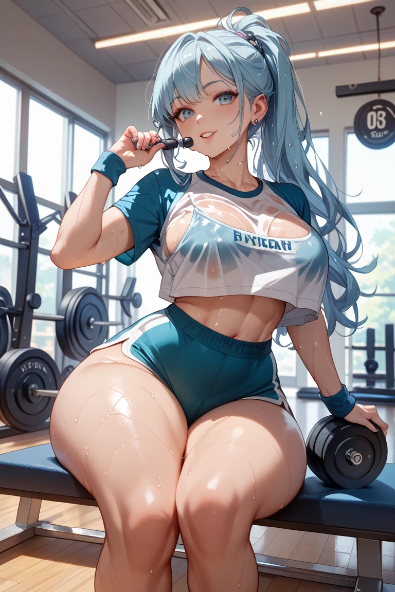 blue hair, Short_hair, 1 girl, 20yo, Young female,Beautiful Finger, Beautiful long legs, Beautiful body, Beautiful Nose, Beautiful character design, perfect eyes, perfect face, cropped hoodie, underboob, choker, white thong, seiza, gym, wristband, sneakers,
<lora:puuzaki-puuna-lora-v1:0.7>,
cotton pencil skirt, upskirt, pantyshot
