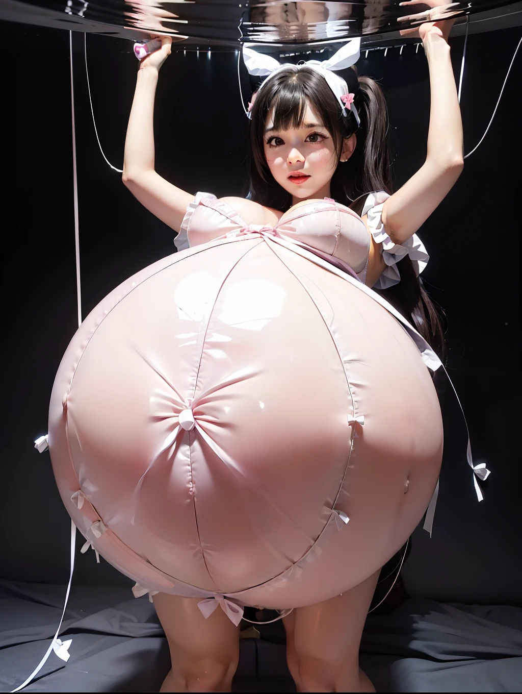((top-quality))、1人の女性、Colossal tits:1.4、 、(Thin Clear Tight Vinyl Long Sleeve Transparent Latex Balloon Body Inflatable Suit:1.3)、Opening Mouth、inflationーAirbed table
